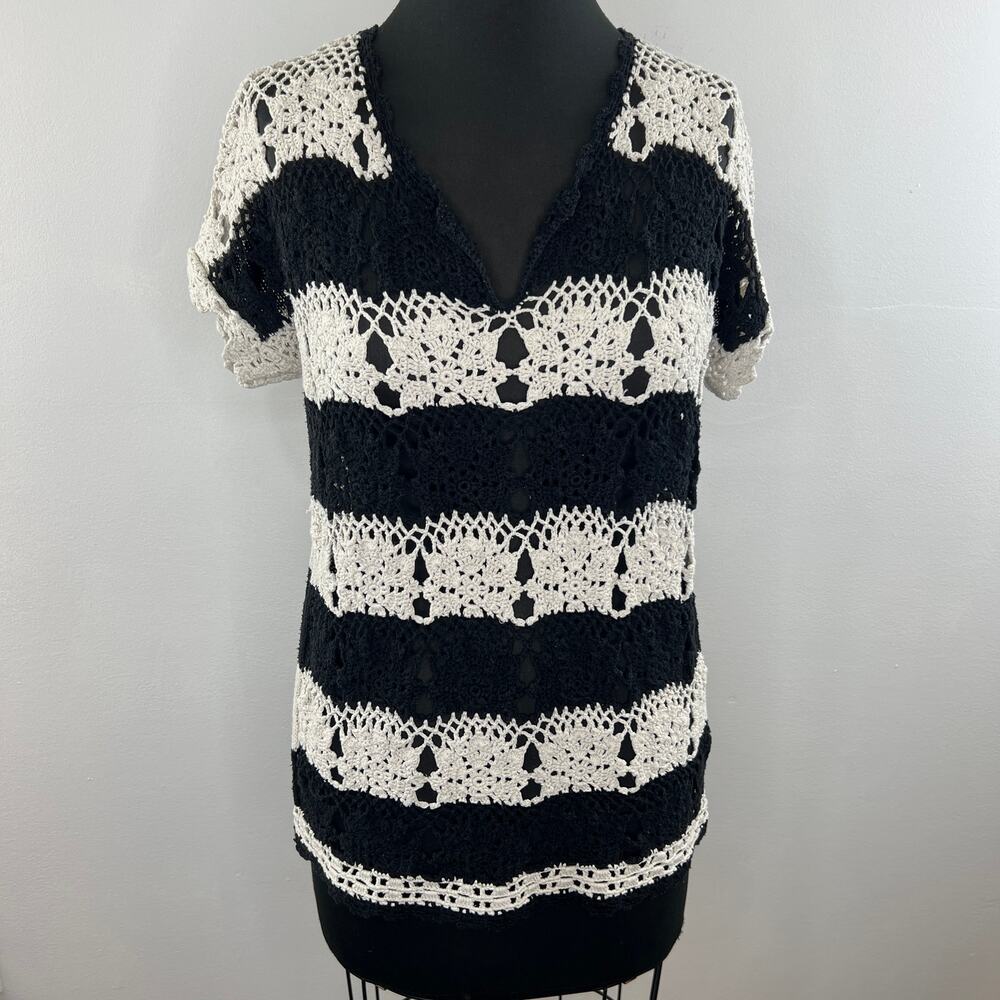 FREE PEOPLE Black White Striped Silk Linen Blend V-Neck Crochet Sweater Size XS